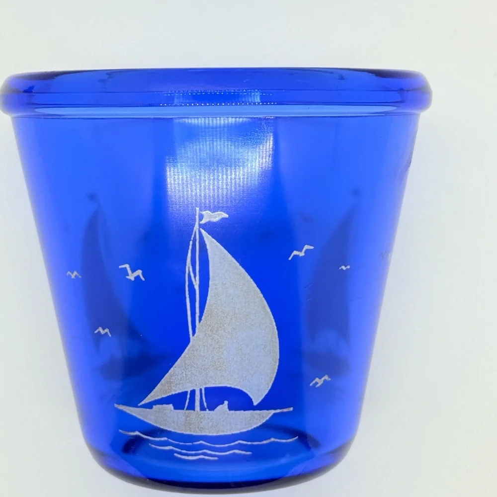 Vtg Hazel Atlas Cobalt Glass Sportsman Series Ships or‎ Sailboat Ice Bowl/Bucket